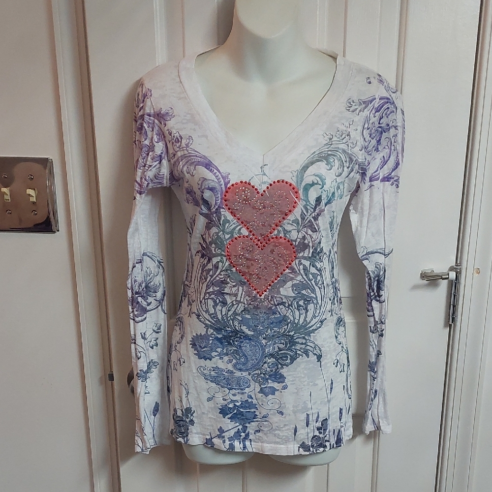 Women's White and Purple Long Sleeve Top